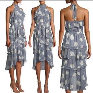 MISA Los Angelos Anca Floral Ruffle Halter Midi Dress Check Blue Women Size M